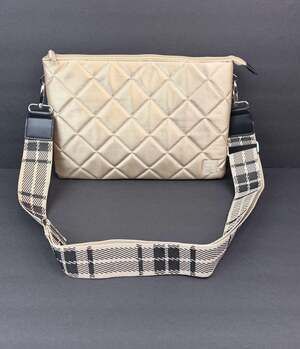 IHKWIP The Trio Trapeze Quilted Crossbody with Plaid Strap in Metallic Champagne